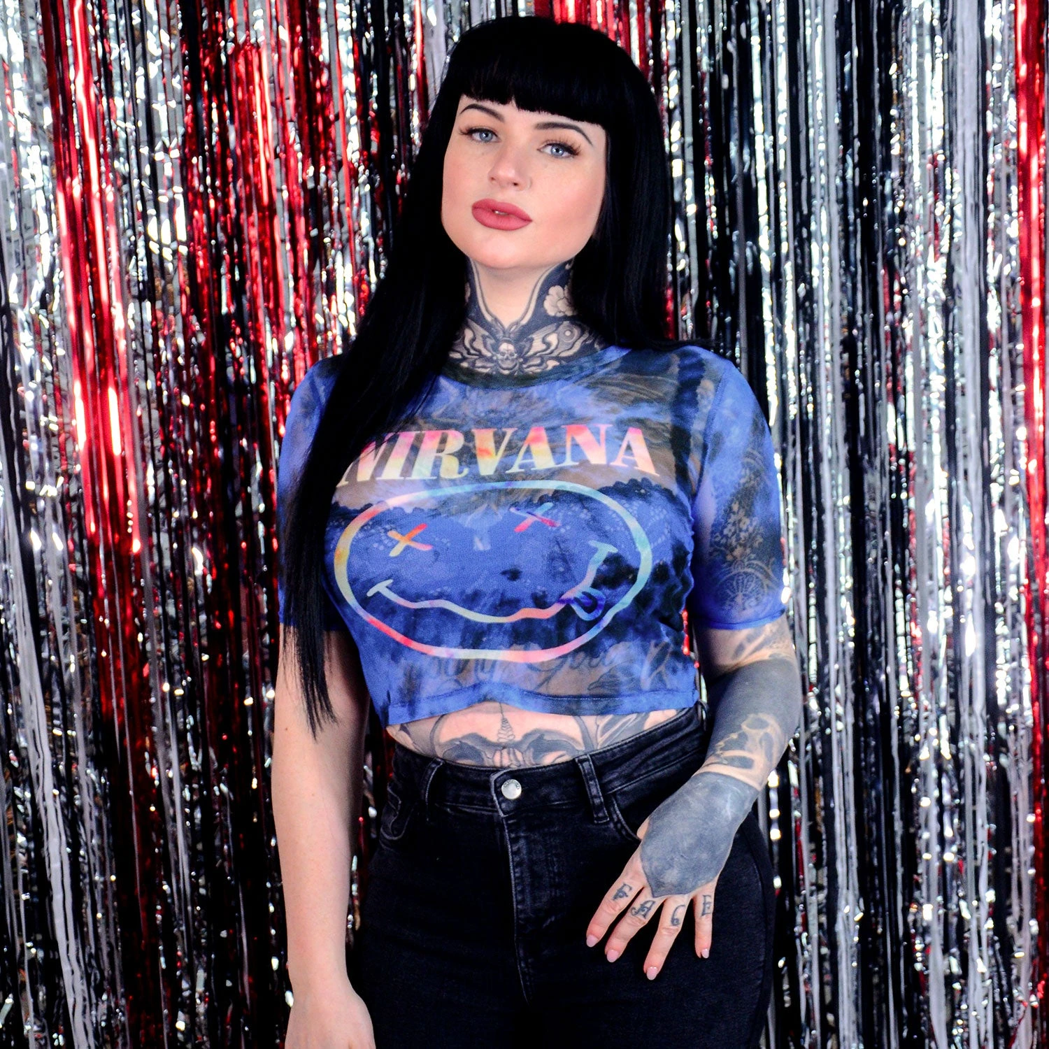 Nirvana Pastel Happy Face Ladies Mesh Crop Top Junior Top 2 Nirvana Pastel Happy Face Ladies Mesh Crop Top Junior Top - Image 2