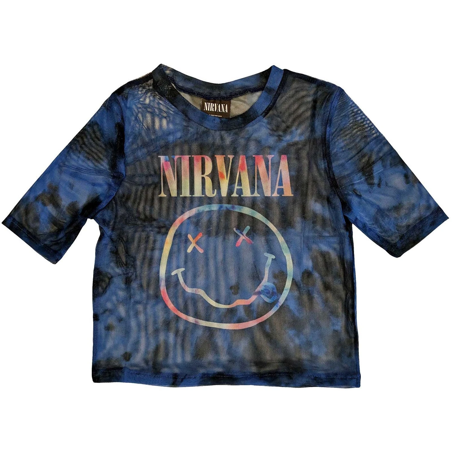 Nirvana Pastel Happy Face Ladies Mesh Crop Top Junior Top 1 Nirvana Pastel Happy Face Ladies Mesh Crop Top Junior Top